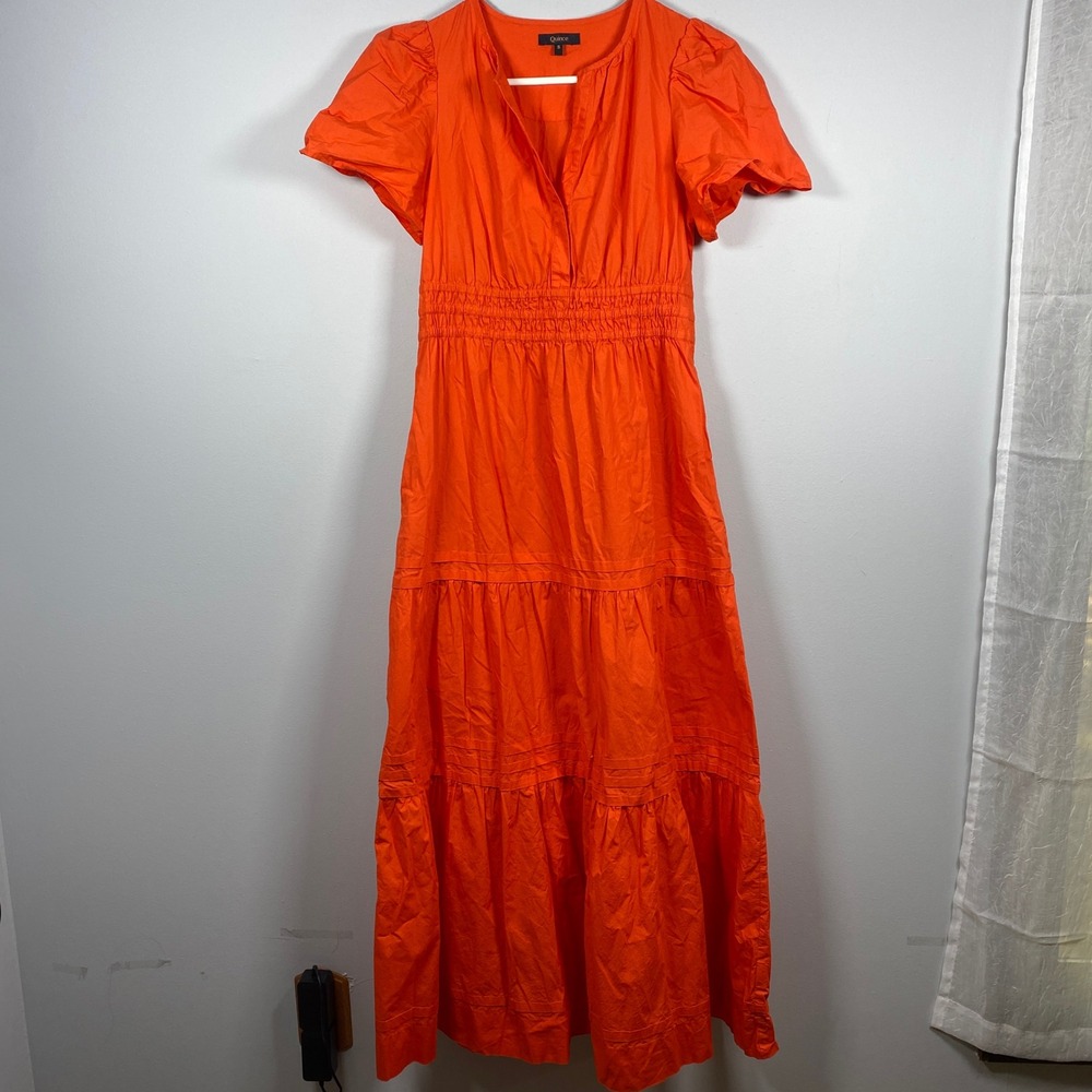 Quince Maxi Dress Women's Small Orange Organic Cotton Tiered Smocked Poplin